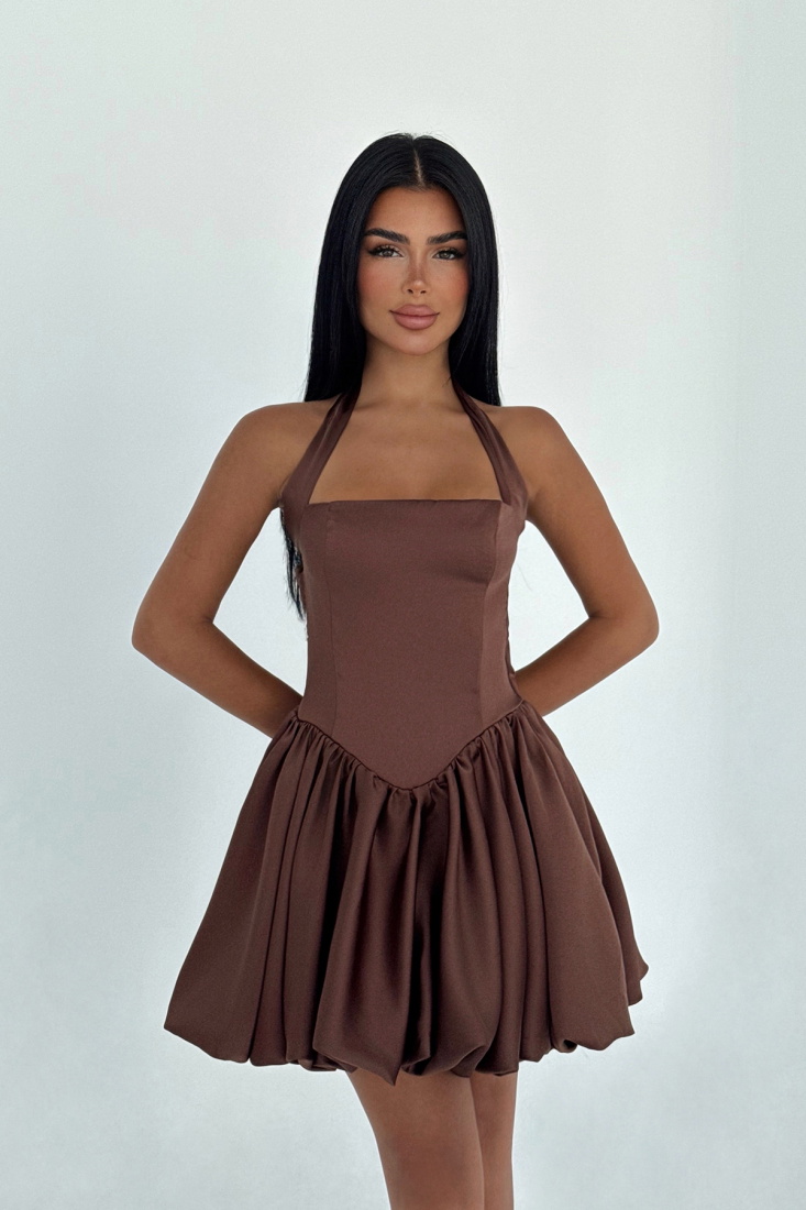 Kahverengi Estella Mini Etek Ucu Balon Elbise ATE-3345 - EYYO