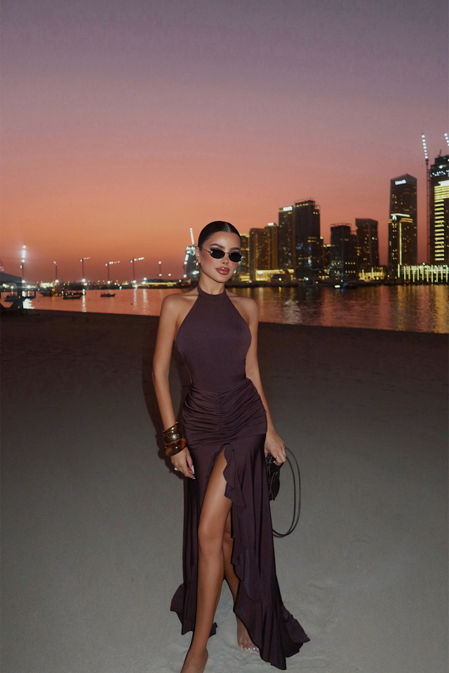 Kahverengi Layton Uzun Elbise ATE-4581 