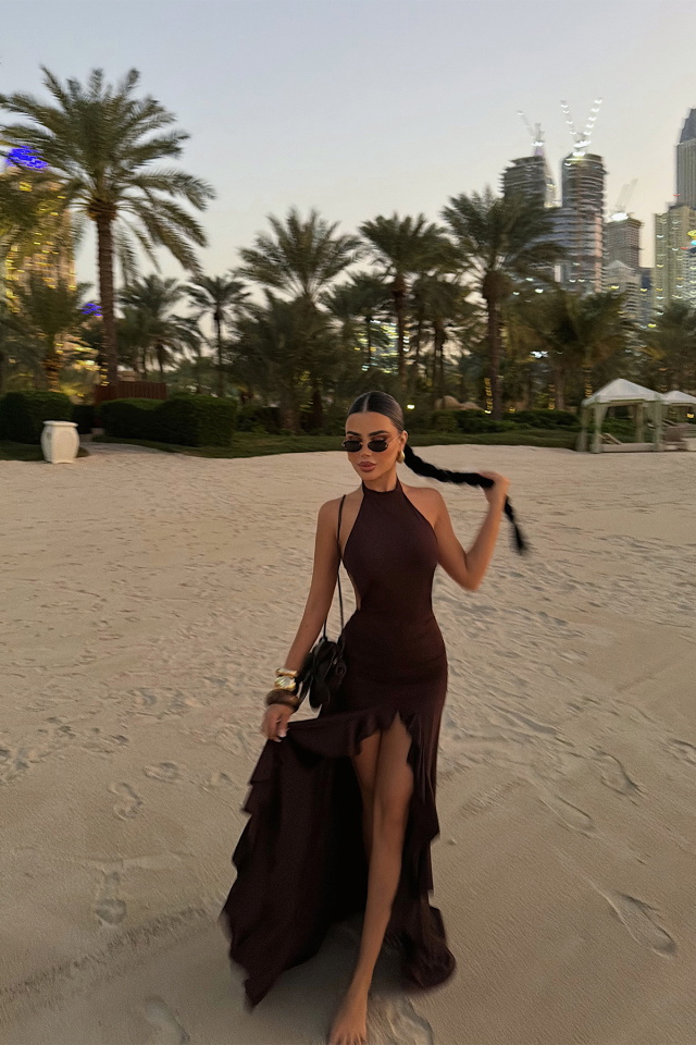 Kahverengi Layton Uzun Elbise ATE-4581 - 2