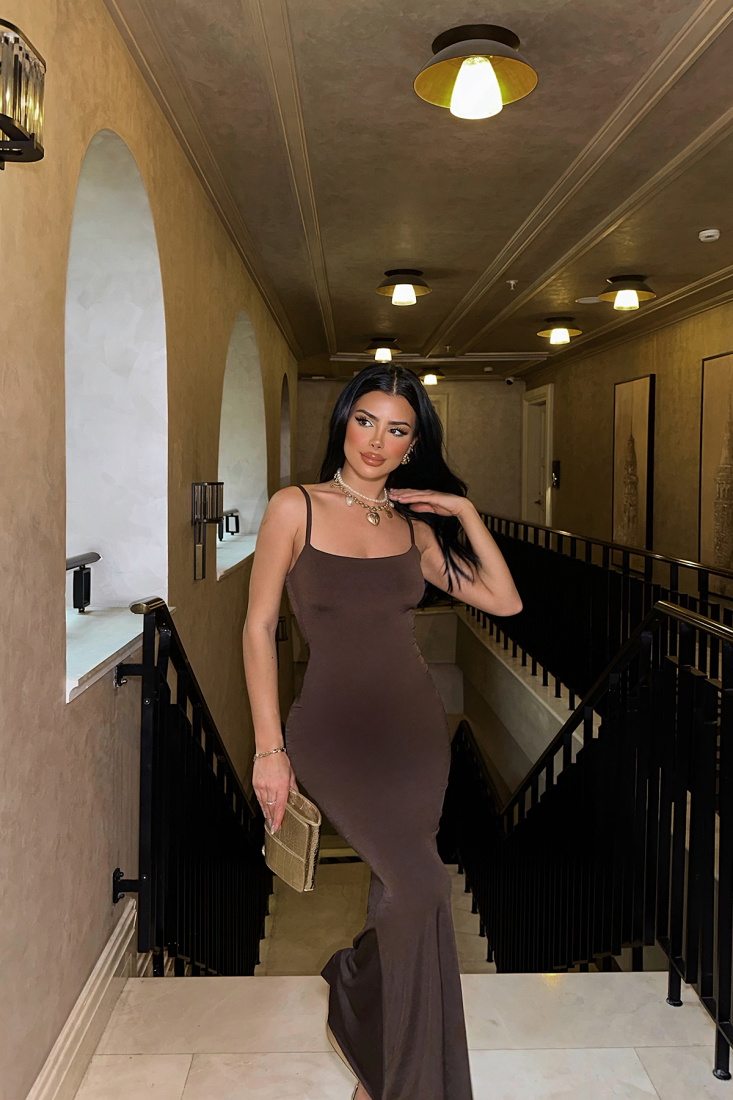 Melita Kahverengi Askılı Maxi Boy Elbise ATE4169 - EYYO