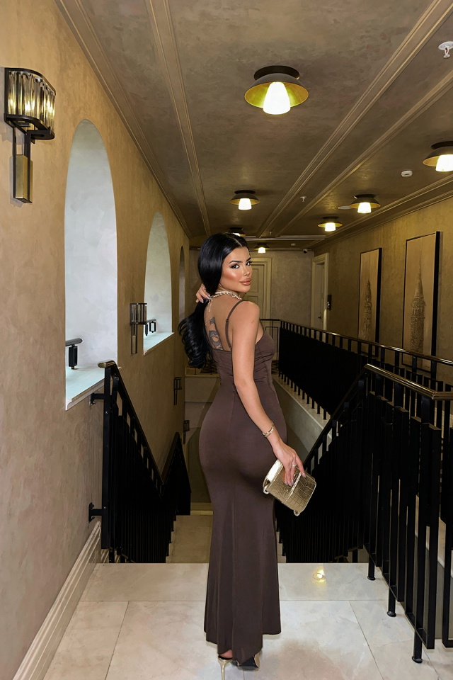 Melita Kahverengi Askılı Maxi Boy Elbise ATE4169 - 5
