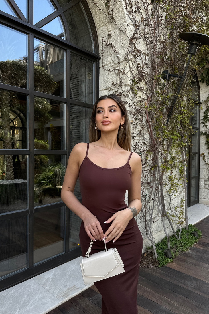 Kahverengi Askılı Uzun Elbise ATE6127 - EYYO