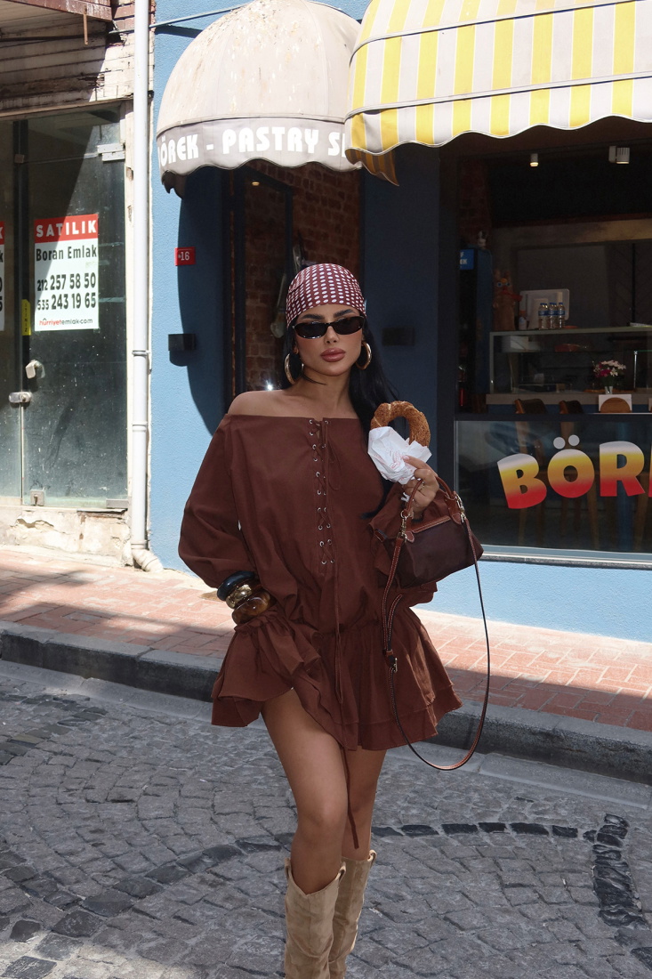 Kahverengi Darcie Mini Elbise ATE-2409 - EYYO