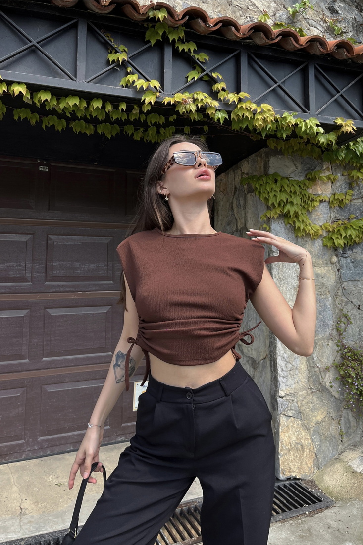 Kahverengi Bağlamalı Crop Top ATE6524 - EYYO