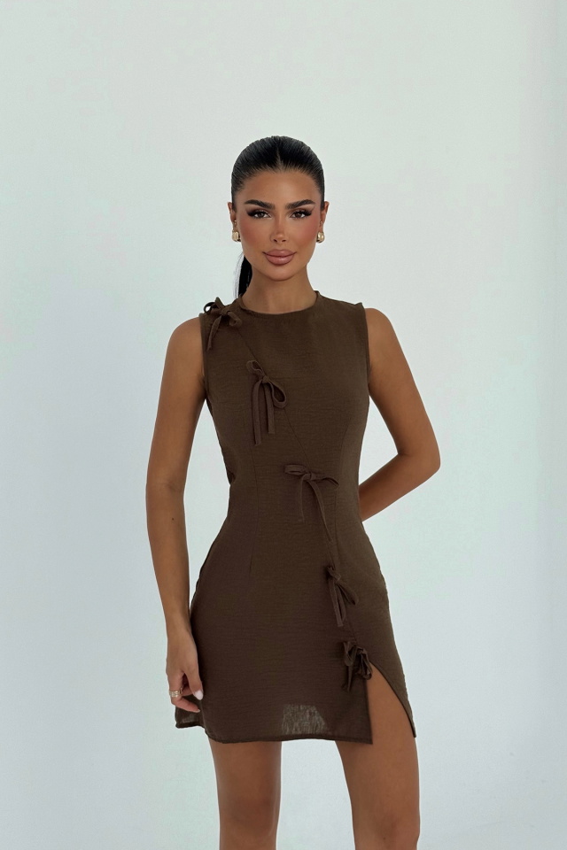 Kahverengi Kathy Mini Fiyonklu Elbise ATE-3186 