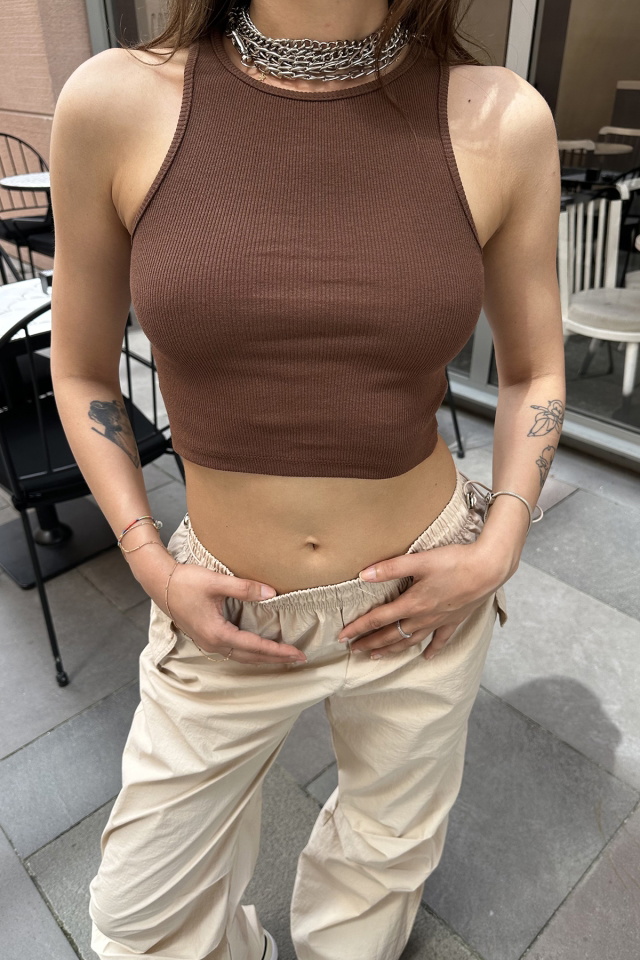 Kahverengi Basic Crop Top ATE7299 - 2