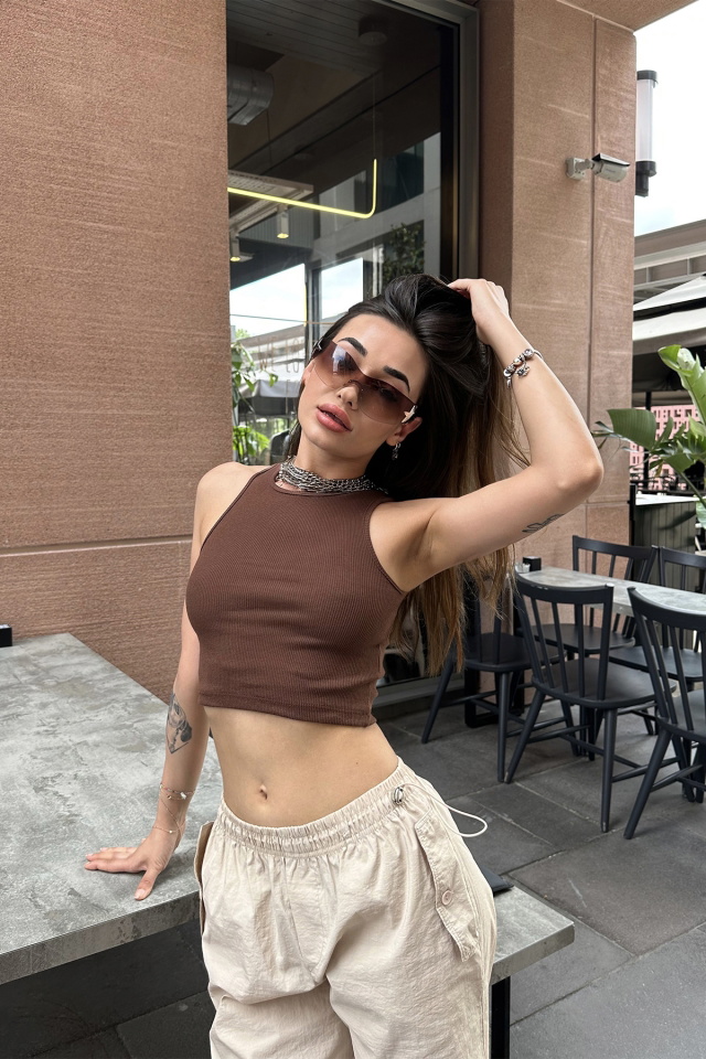 Kahverengi Basic Crop Top ATE7299 - 3