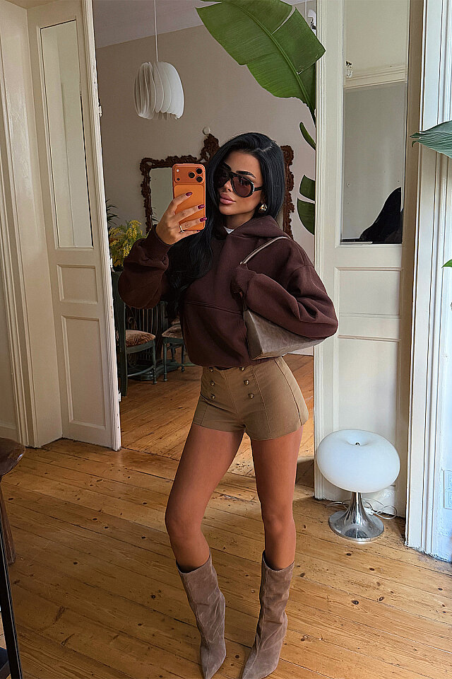 Kahverengi Basic Kapşonlu Sweat -