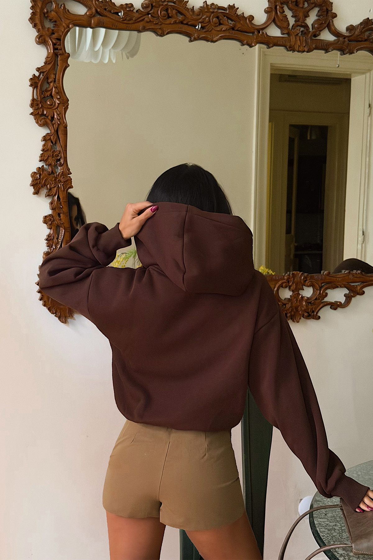 Kahverengi Basic Kapşonlu Sweat - 5