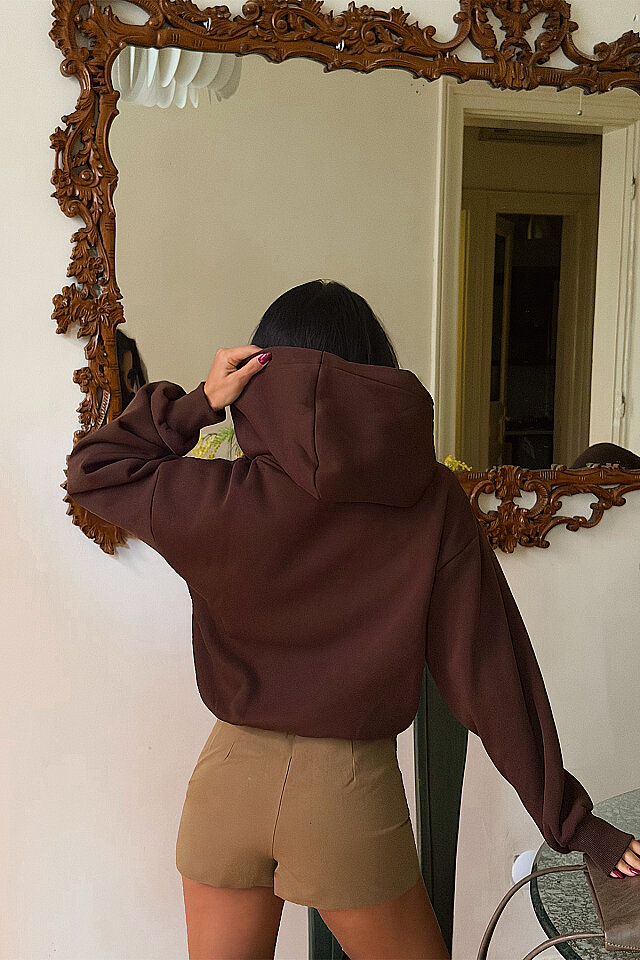 Kahverengi Basic Kapşonlu Sweat
