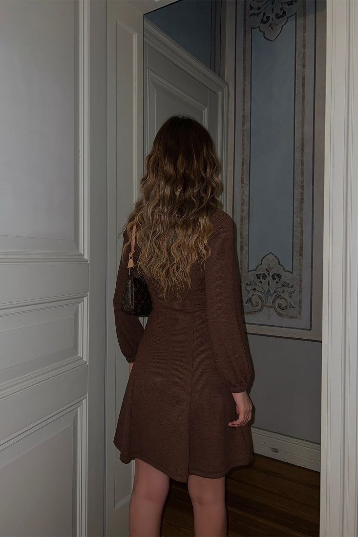 Kahverengi Basic Mini Elbise ATE3644 - EYYO