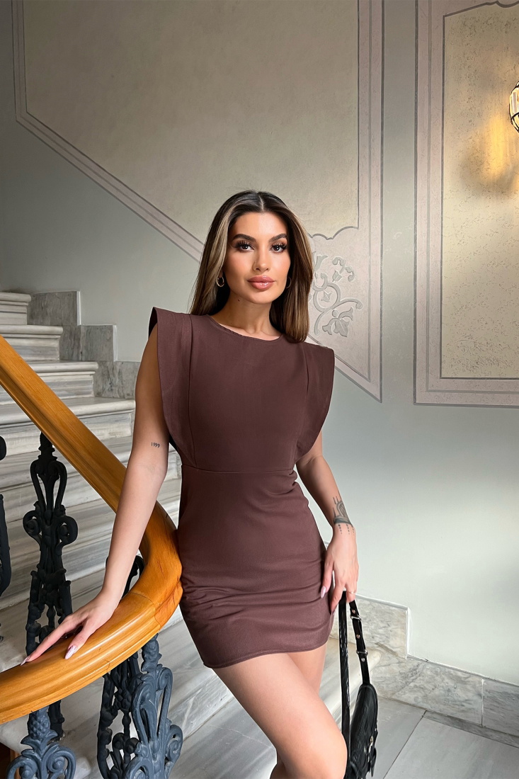 Kahverengi Basic Mini Elbise ATE4054 - EYYO