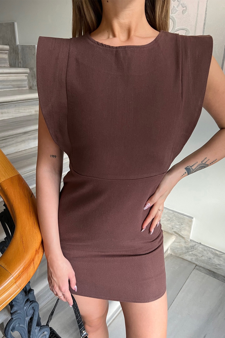 Kahverengi Basic Mini Elbise ATE4054 - EYYO