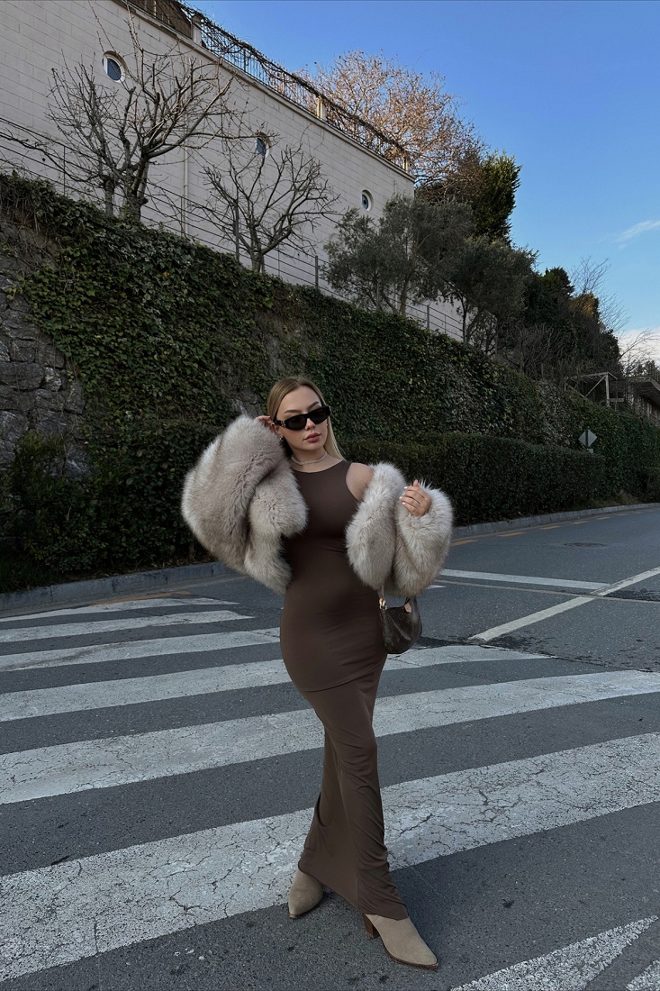 Kahverengi Basic Uzun Elbise ATE4264 - EYYO