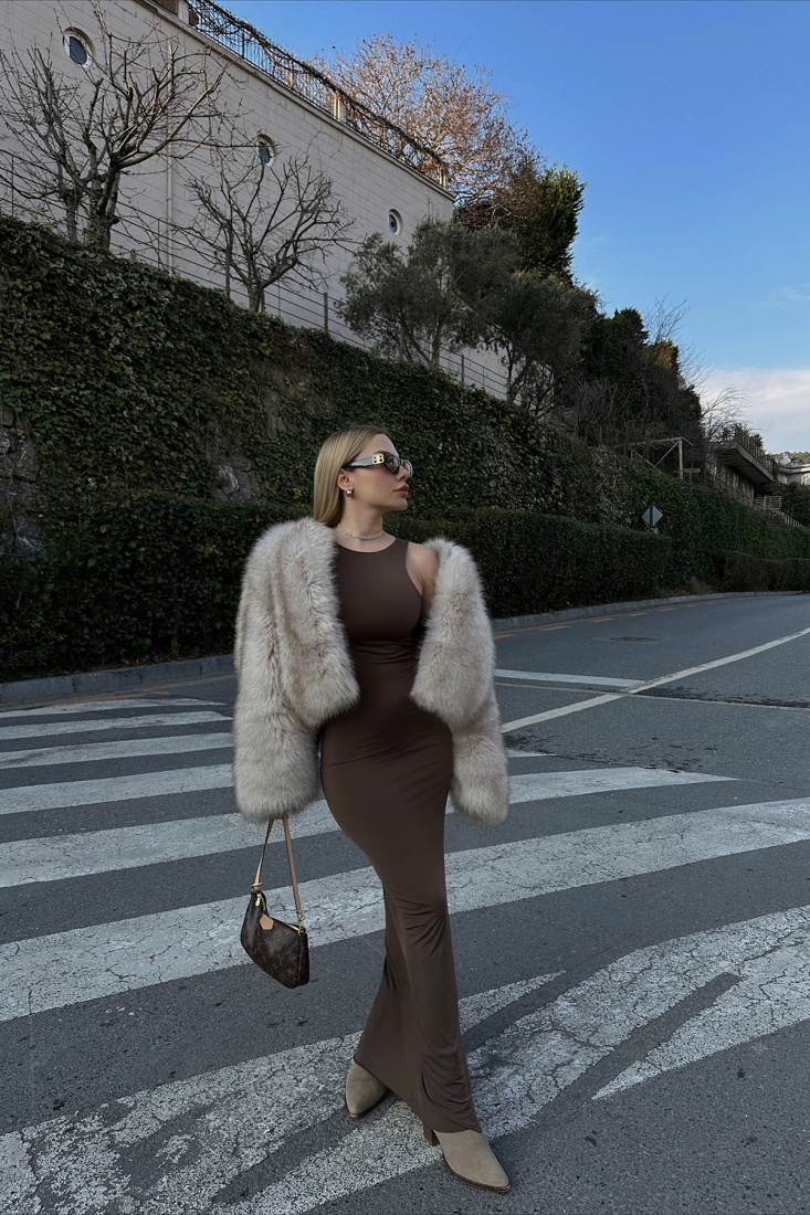 Kahverengi Basic Uzun Elbise ATE4264 - EYYO