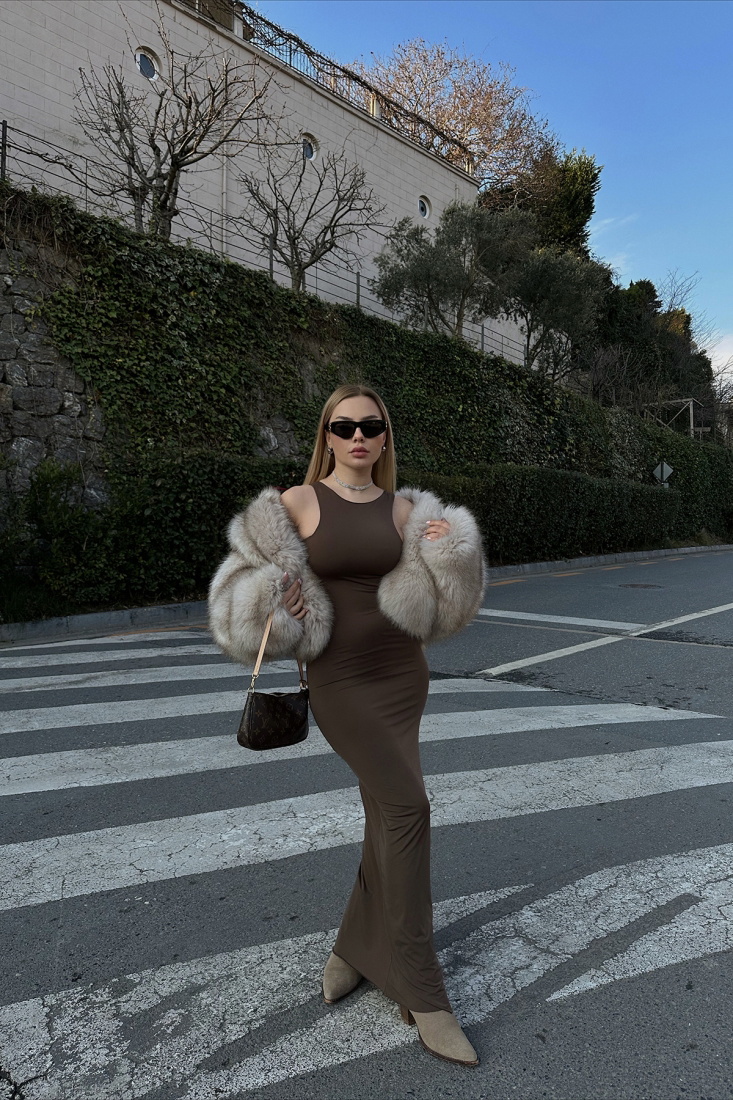 Kahverengi Basic Uzun Elbise ATE4264 - EYYO