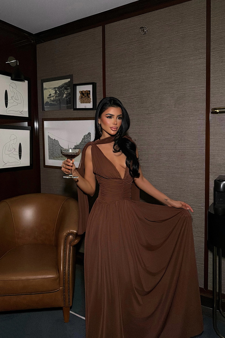 Kahverengi Lucyna Uzun Tül Elbise ATE-4208 - EYYO