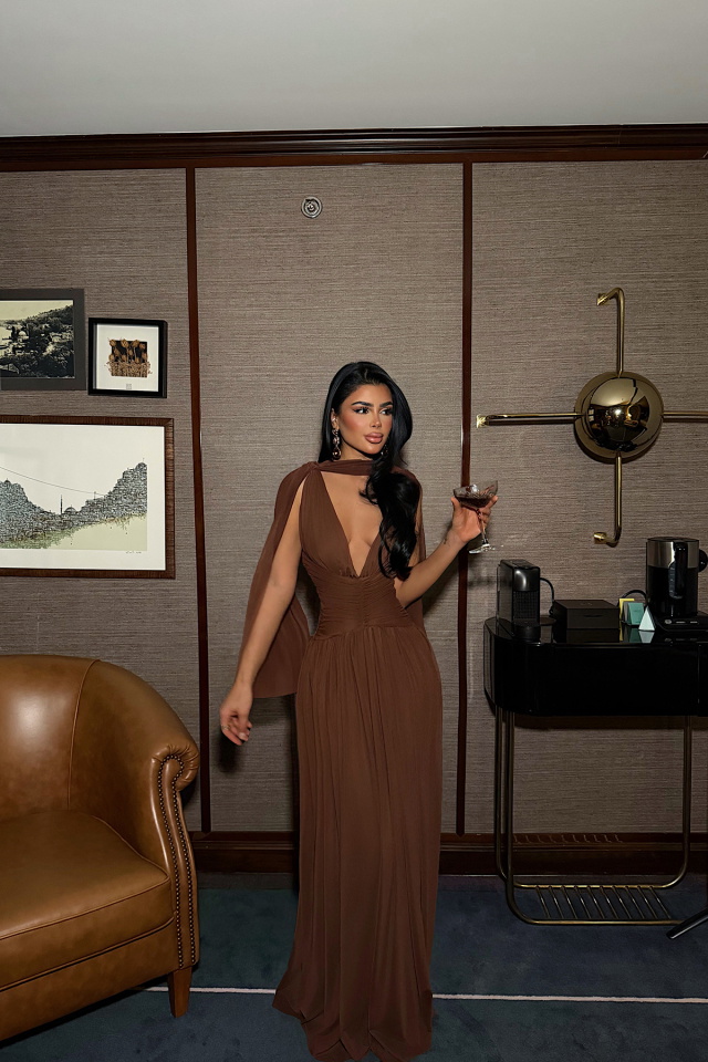 Kahverengi Lucyna Uzun Tül Elbise ATE-4208 - 2