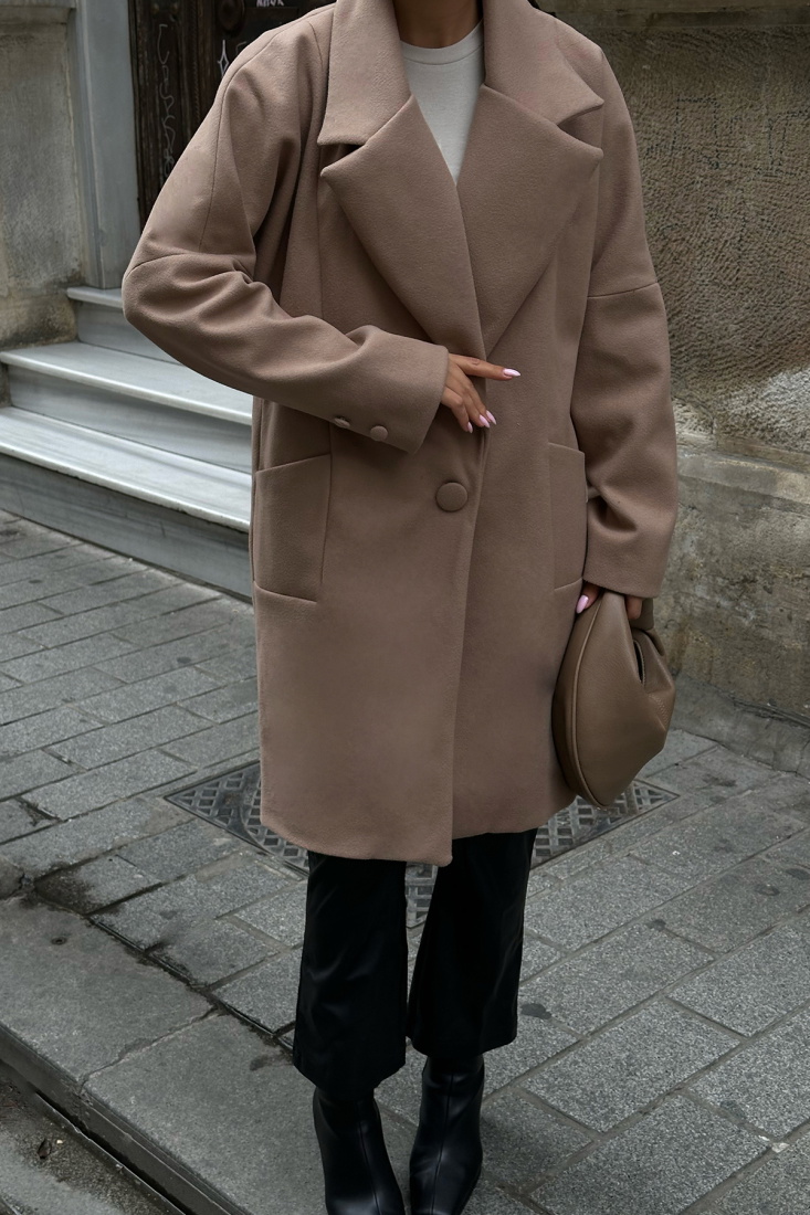 Kahverengi Cep Detay Kruvaze Yaka Kaban ATE-0191 - EYYO