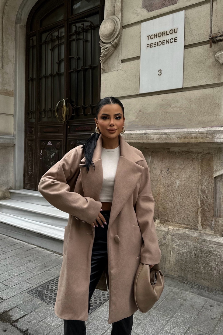 Kahverengi Cep Detay Kruvaze Yaka Kaban ATE-0191 - EYYO