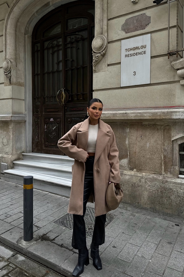 Kahverengi Cep Detay Kruvaze Yaka Kaban ATE-0191 - EYYO