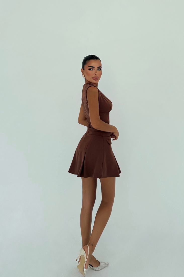 Kahverengi Frilly Mini Elbise ATE-3007 - EYYO