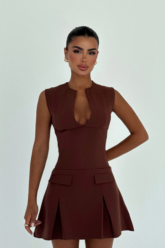 Kahverengi Frilly Mini Elbise ATE-3007 