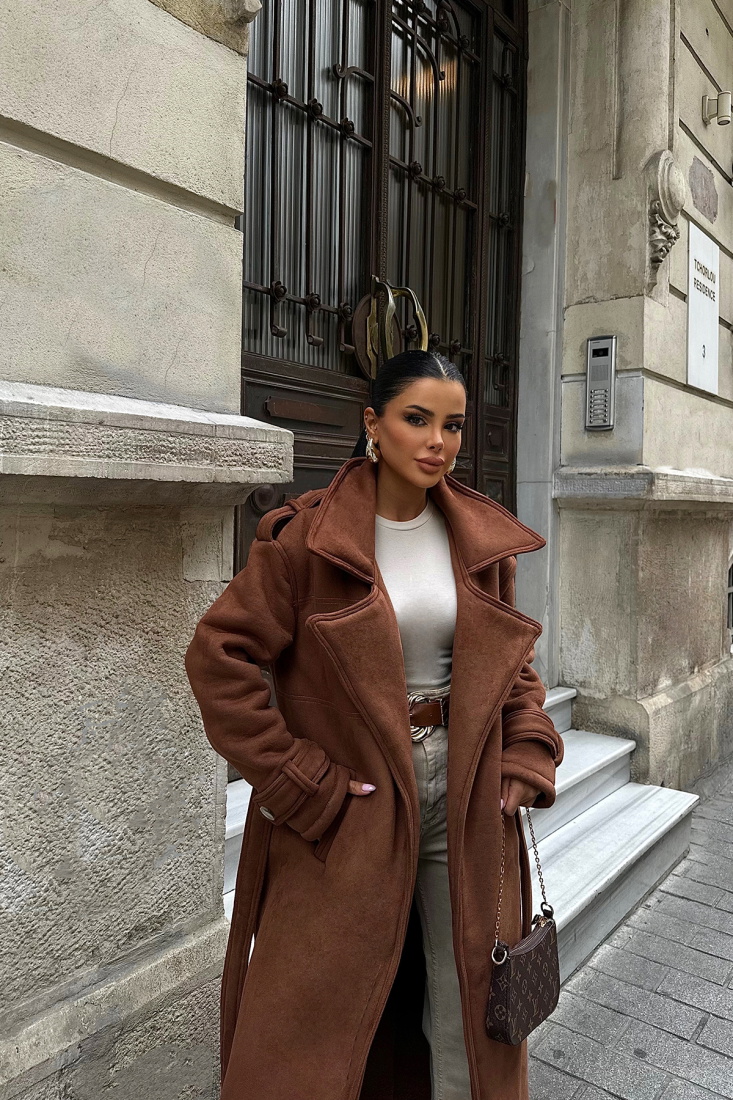 Kahverengi HARPER Cep Detay Uzun Kaban ATE-0427 - EYYO