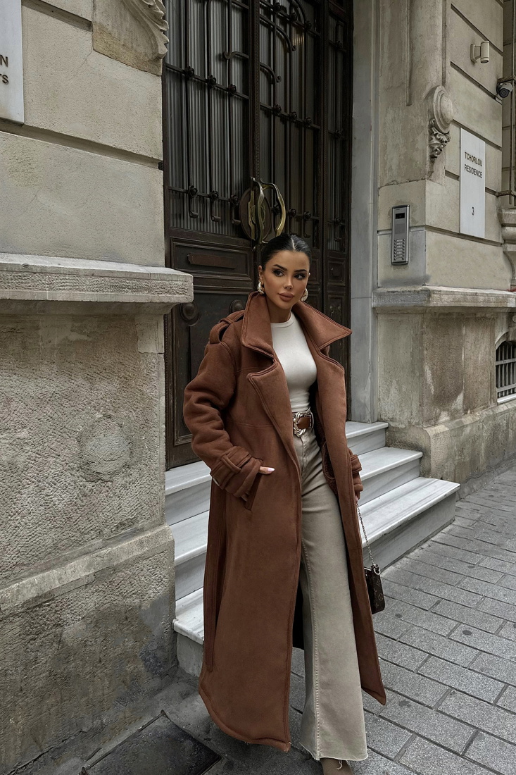 Kahverengi HARPER Cep Detay Uzun Kaban ATE-0427 - EYYO