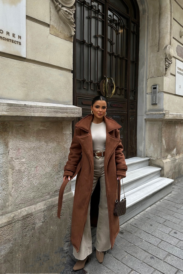 Kahverengi HARPER Cep Detay Uzun Kaban ATE-0427 - EYYO