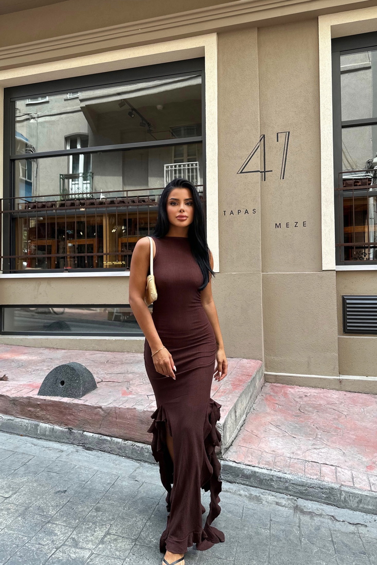 Kahverengi Derin Yırtmaçlı Uzun Elbise ATE6064 - EYYO