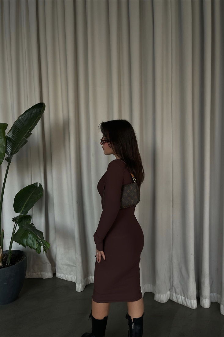 Kahverengi Dikiş Detay Uzun Elbise ATE3217 - EYYO