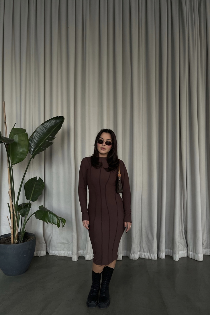 Kahverengi Dikiş Detay Uzun Elbise ATE3217 - EYYO