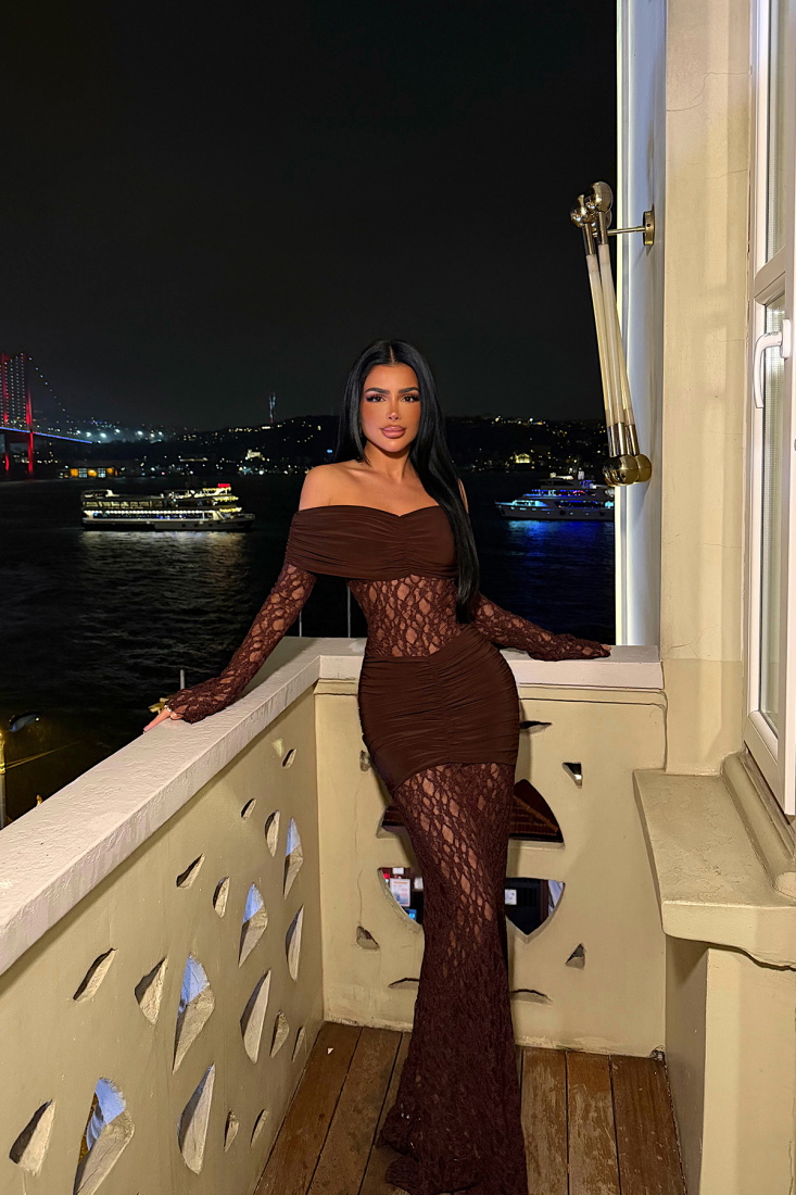 Kahverengi Ellodie Dantel Uzun Elbise ATE-4547 - EYYO