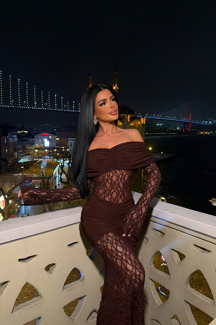 Kahverengi Ellodie Dantel Uzun Elbise ATE-4547 - EYYO