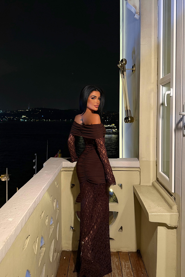 Kahverengi Ellodie Dantel Uzun Elbise ATE-4547 - EYYO