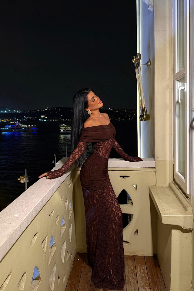 Kahverengi Ellodie Dantel Uzun Elbise ATE-4547 - 4