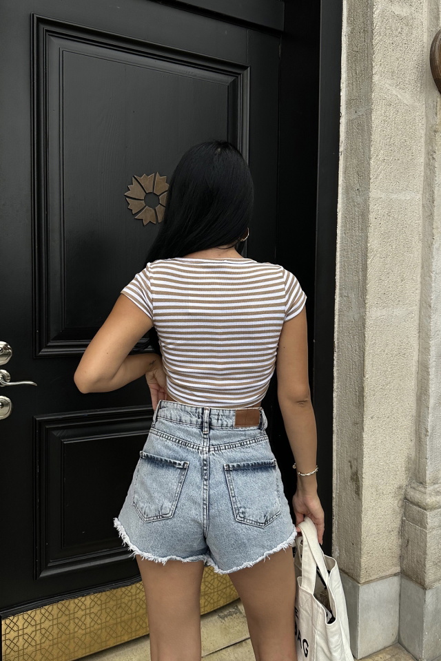 Kahverengi Düğme Detay Crop Top ATE7942 - 5