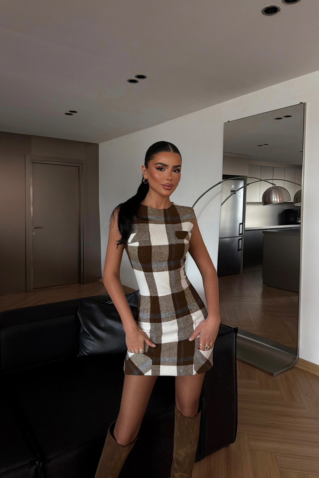 Kahverengi Vera Ekose Elbise ATE-4386 - 3