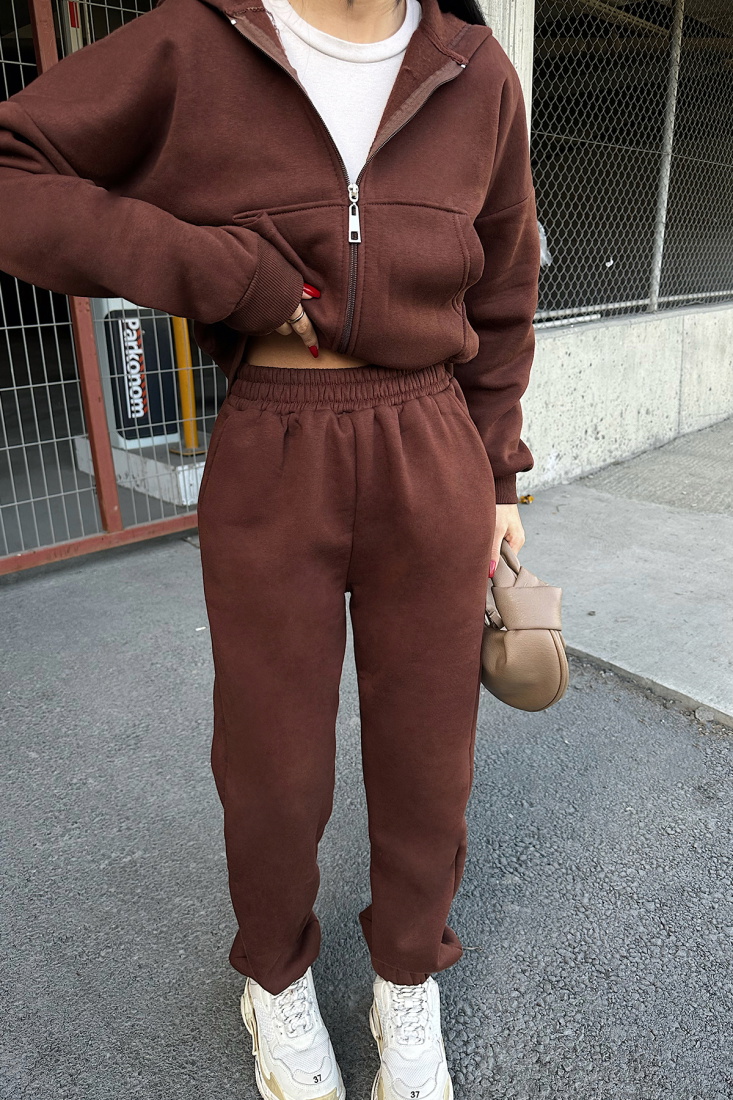 Kahverengi Fermuar Detay Pantolonlu Takım ATE-0791 - EYYO