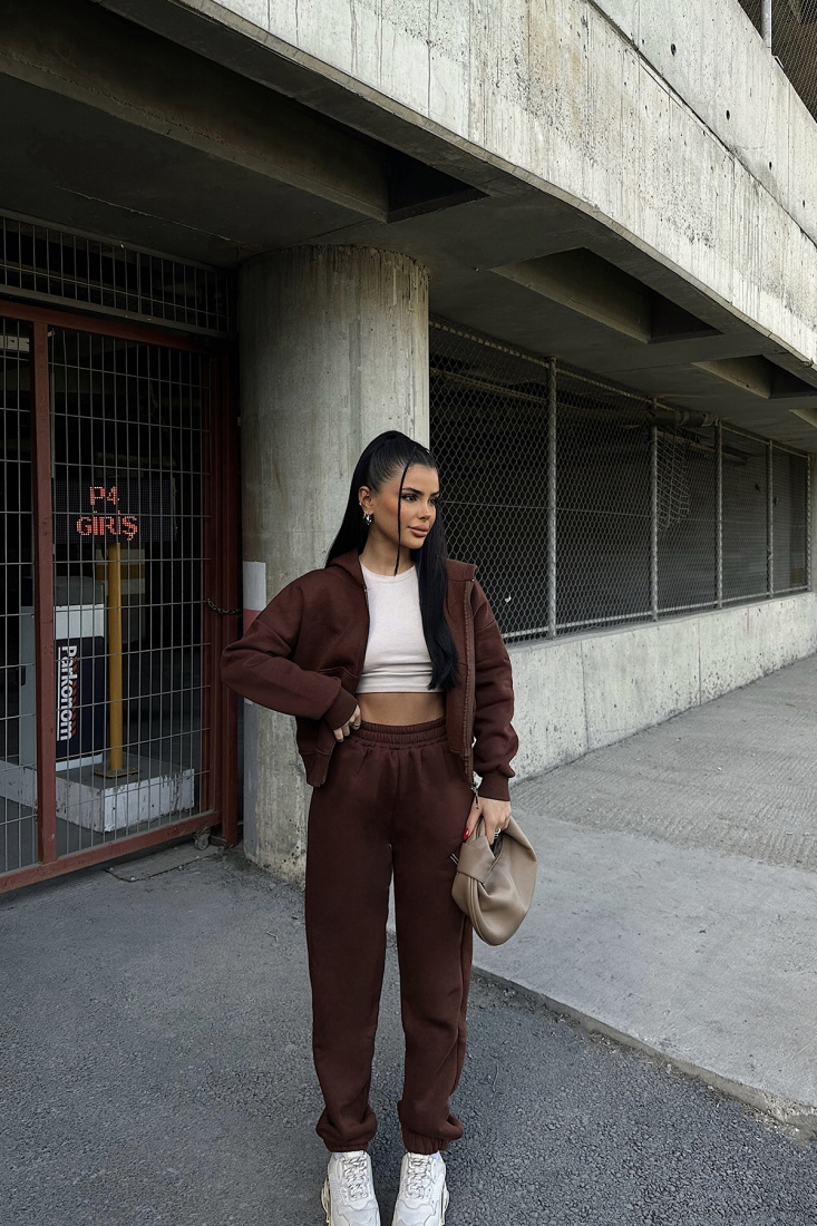 Kahverengi Fermuar Detay Pantolonlu Takım ATE-0791 - EYYO