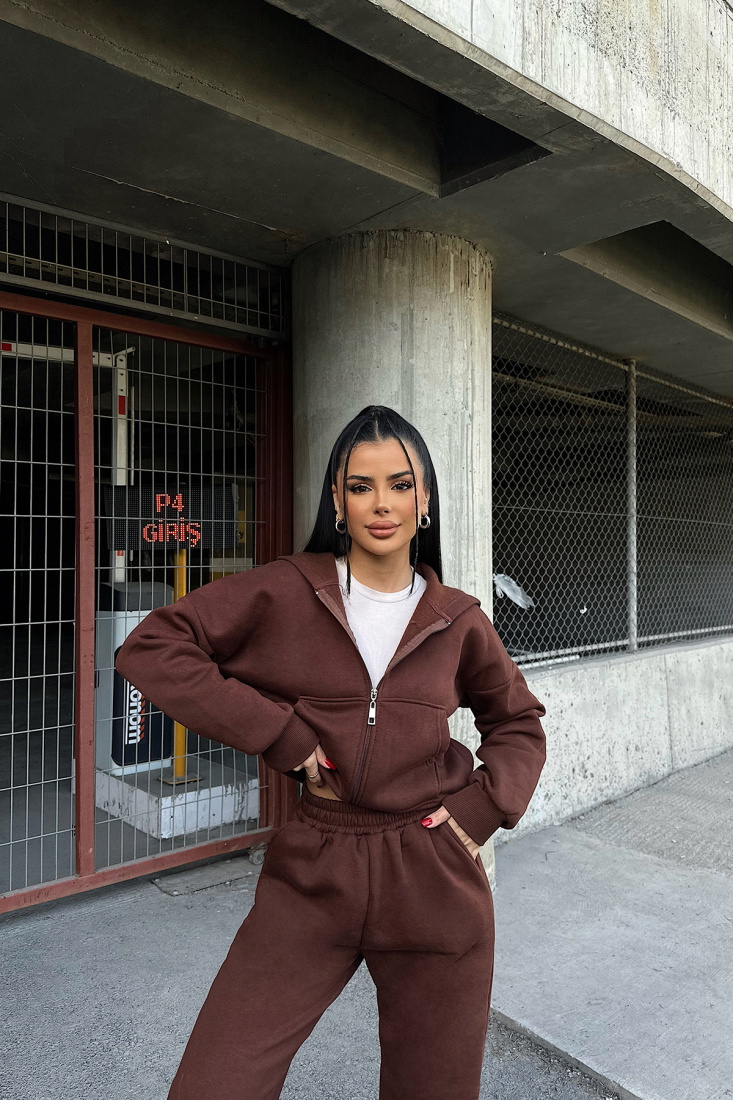 Kahverengi Fermuar Detay Pantolonlu Takım ATE-0791 - EYYO