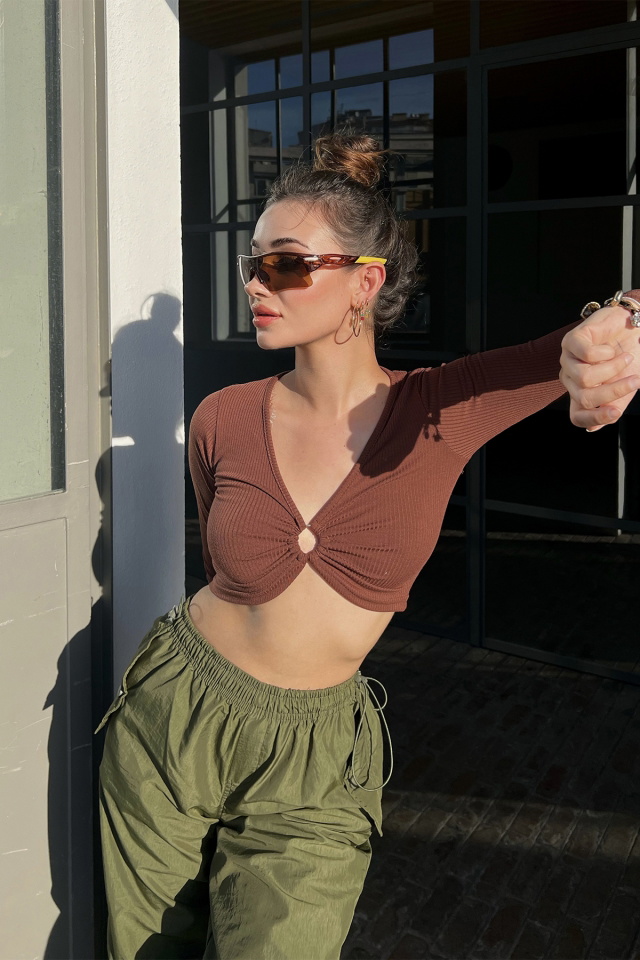 Kahverengi Fitilli Crop Top ATE3103 - 4