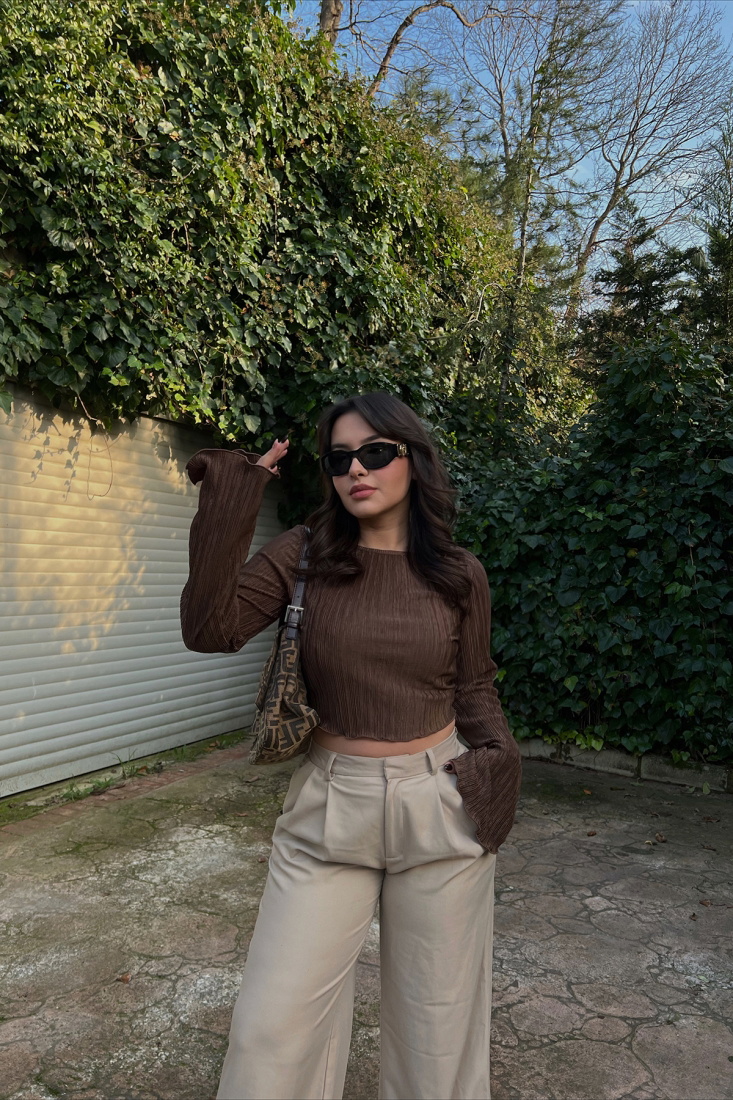 Kahverengi Fitilli Crop Top ATE3204 - EYYO