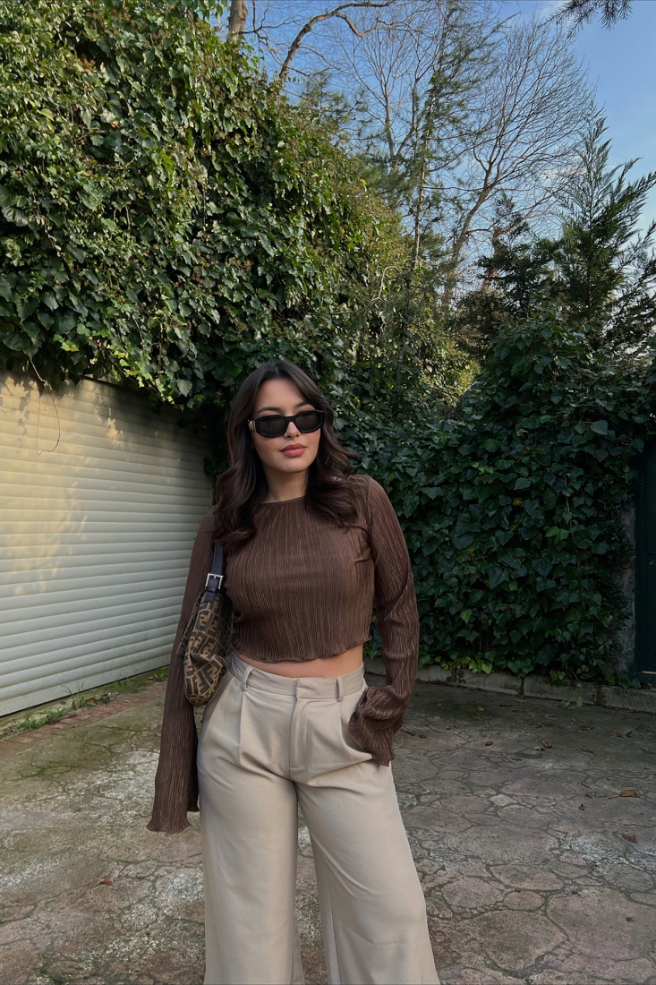 Kahverengi Fitilli Crop Top ATE3204 - EYYO