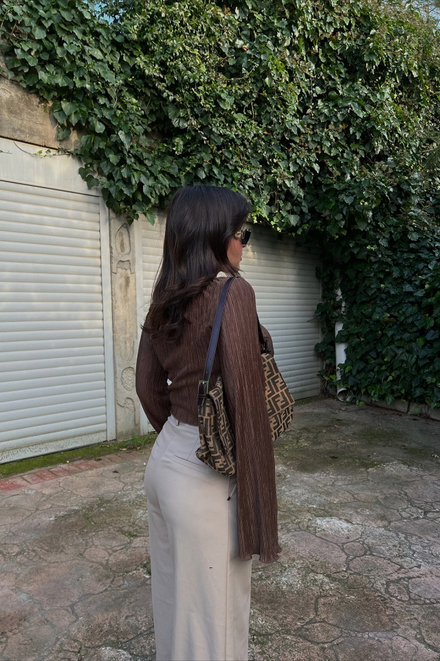 Kahverengi Fitilli Crop Top ATE3204