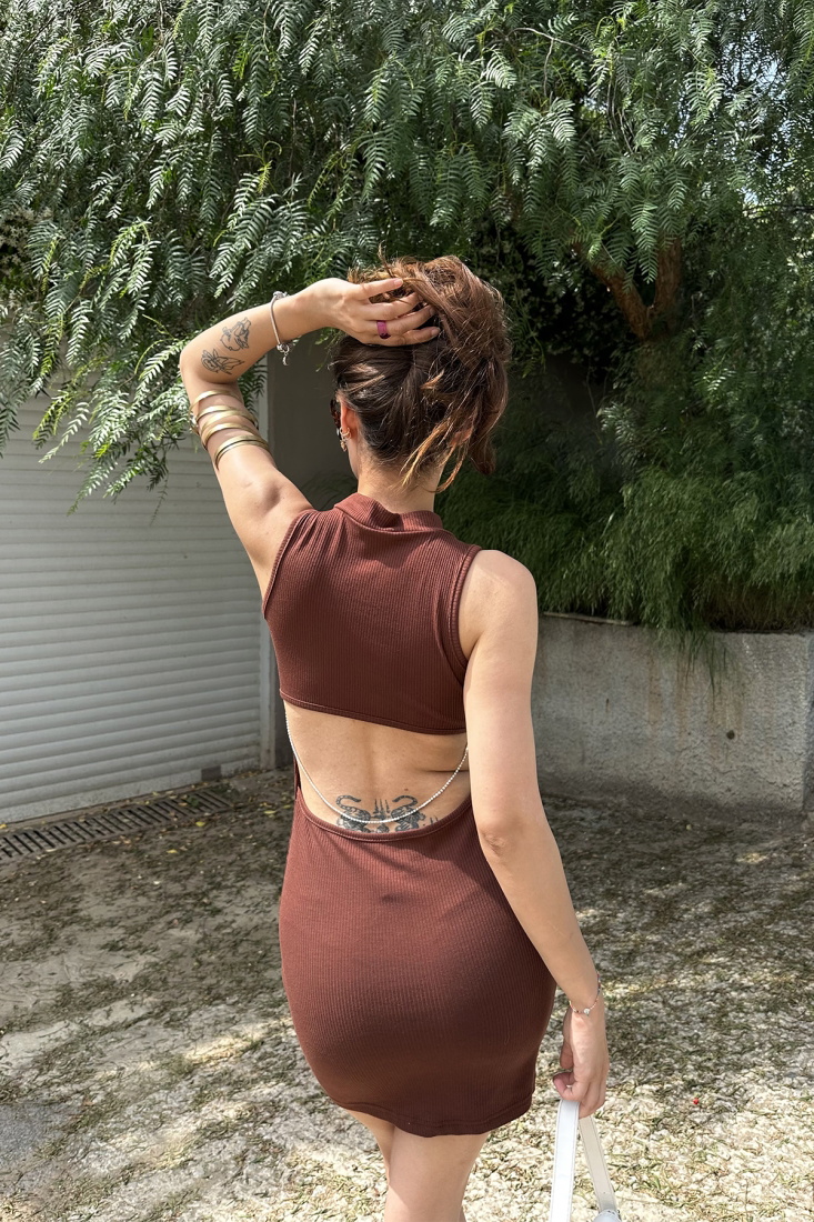 Kahverengi Fitilli Mini Elbise ATE7335 - EYYO