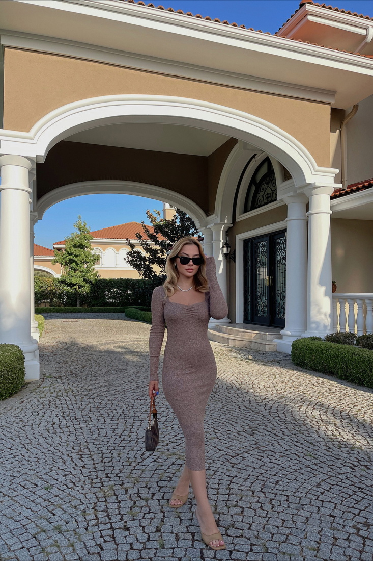 Kahverengi Fitilli Uzun Elbise ATE1934 - İHRACAT