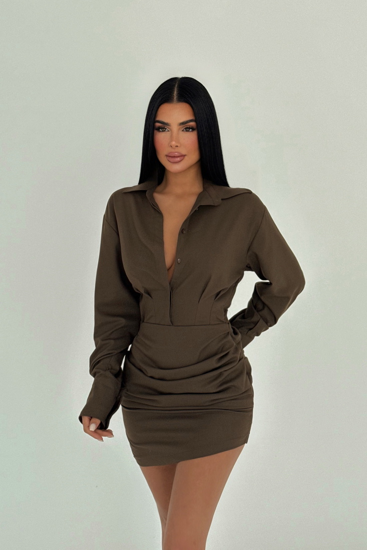 Kahverengi Despina Mini Elbise ATE-2208 - EYYO