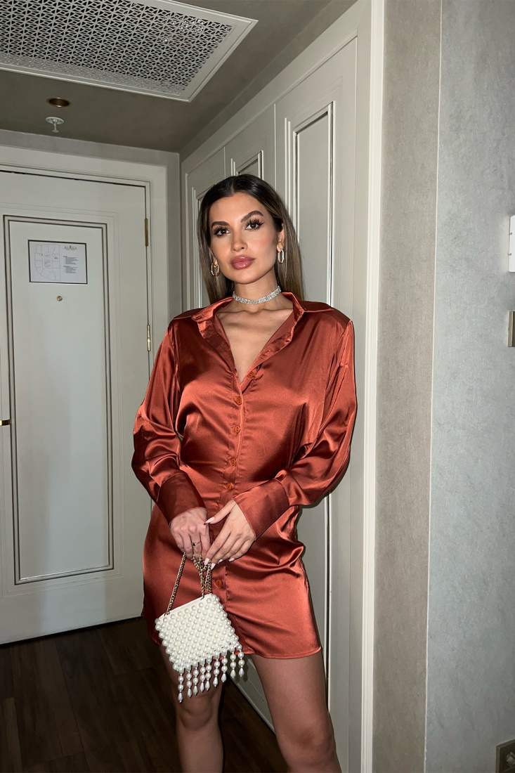 Kahverengi Gömlek Yaka Mini Elbise ATE4667 - EYYO